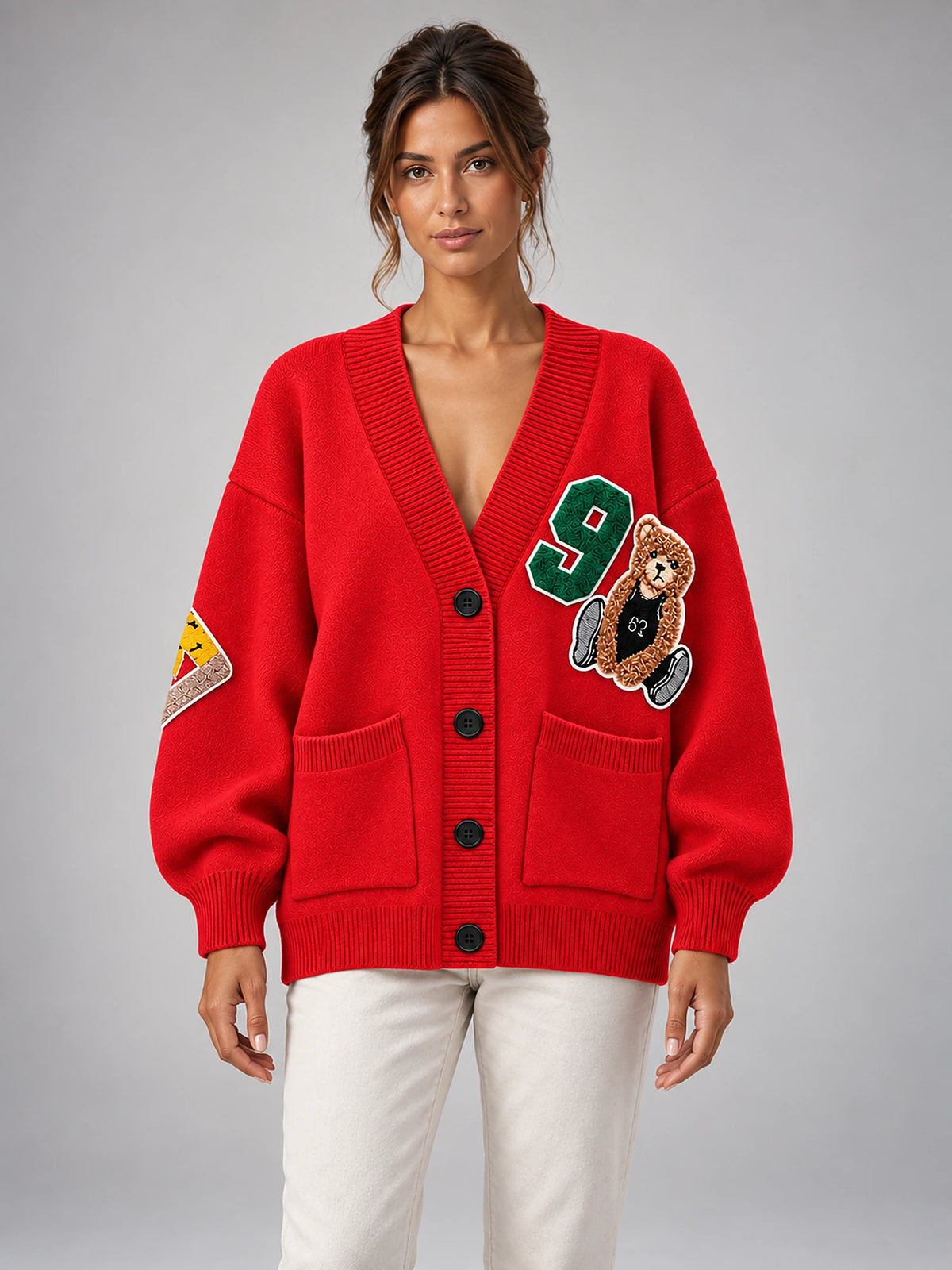 Women's Printed Knit Cardigan – Loose Fit Button-Up in Red — front view