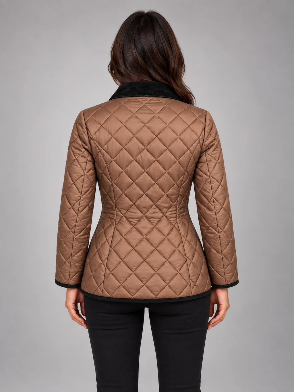 Women's Quilted Cropped Jacket – Contrast Trim Stand Collar in Coffee — back view