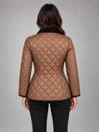 Women's Quilted Cropped Jacket – Contrast Trim Stand Collar in Coffee — back view
