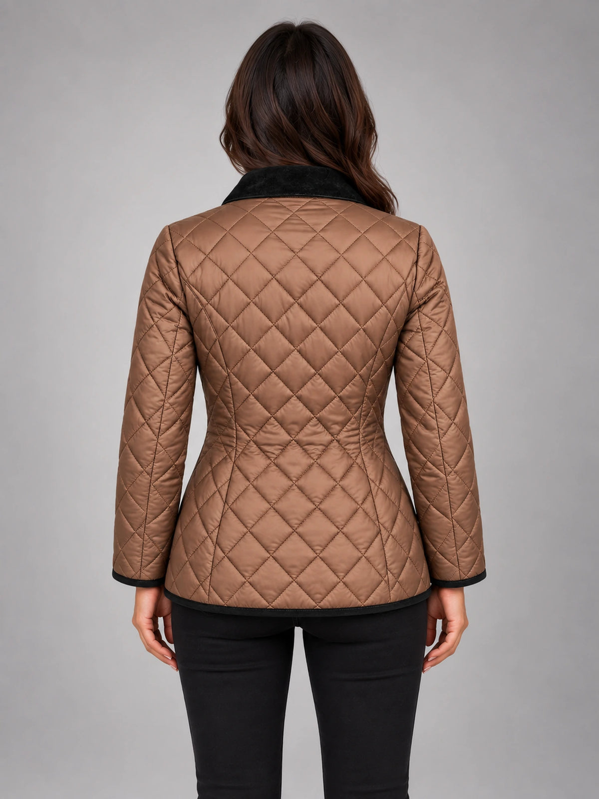 Women's Quilted Cropped Jacket – Contrast Trim Stand Collar in Coffee — back view