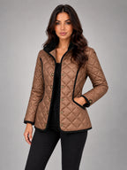 Women's Quilted Cropped Jacket – Contrast Trim Stand Collar in Coffee — alternate view