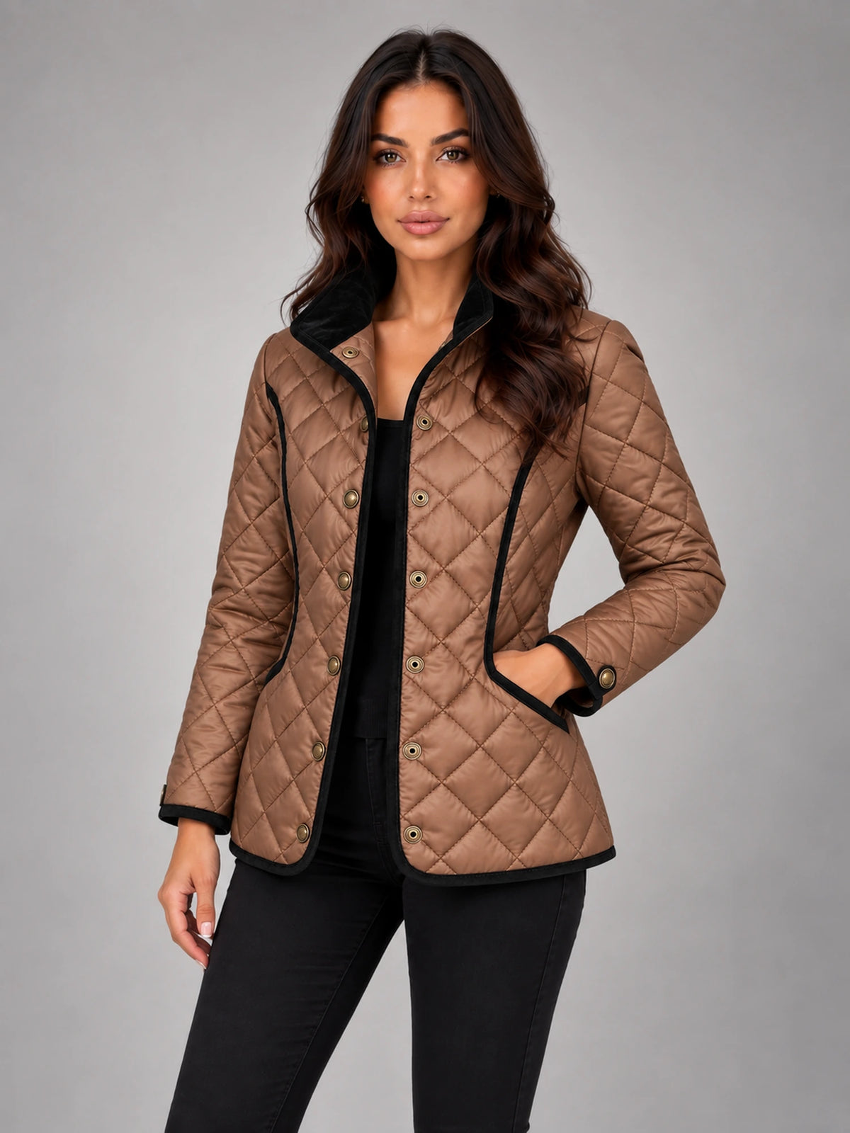 Women's Quilted Cropped Jacket – Contrast Trim Stand Collar in Coffee — alternate view