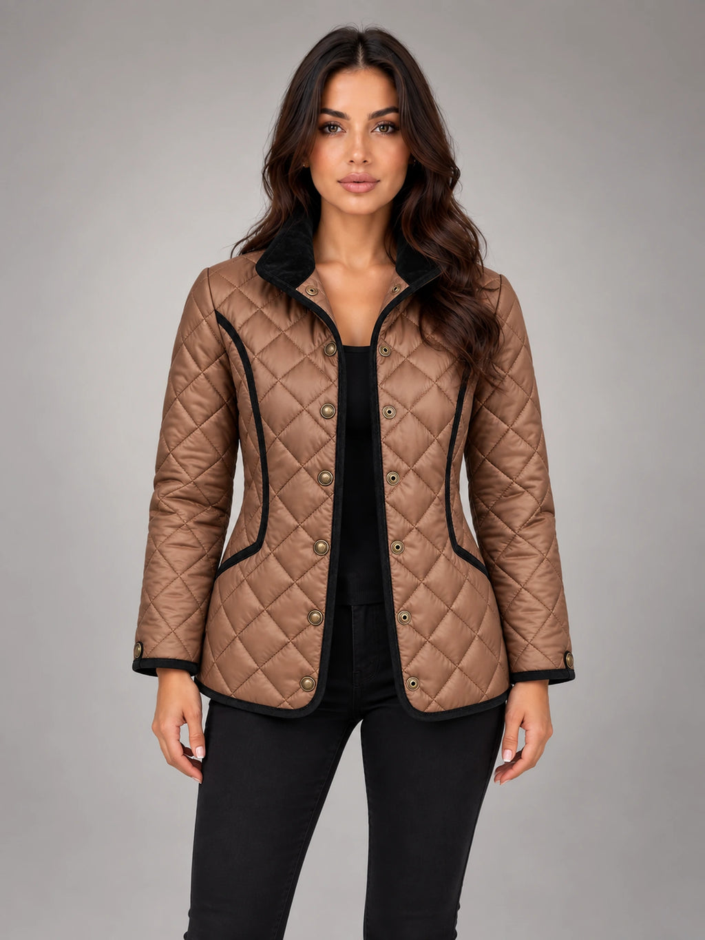 Women's Quilted Cropped Jacket – Contrast Trim Stand Collar in Coffee — front view