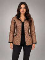 Women's Quilted Cropped Jacket – Contrast Trim Stand Collar in Coffee — front view