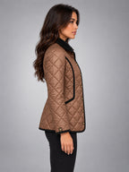 Women's Quilted Cropped Jacket – Contrast Trim Stand Collar in Coffee — side view