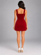 Women's Red Velvet Bow Dress – Slim-Fit Strappy in Cherry Red — back view