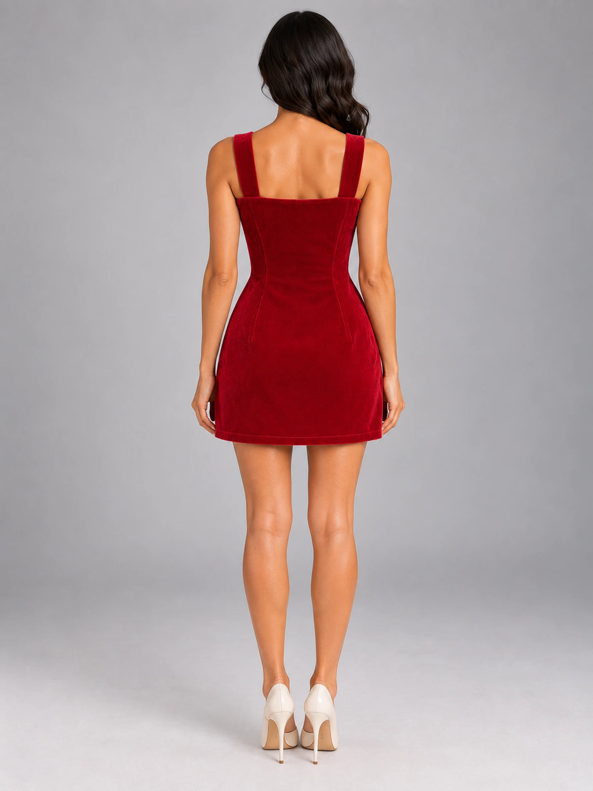 Women's Red Velvet Bow Dress – Slim-Fit Strappy in Cherry Red — back view