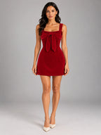 Women's Red Velvet Bow Dress – Slim-Fit Strappy in Cherry Red — front view