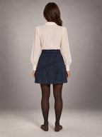 Women's Retro Suede Mini Skirt – Petite A-Line in Midnight — back view