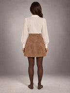 Women's Retro Suede Mini Skirt – Petite A-Line in Tan — back view