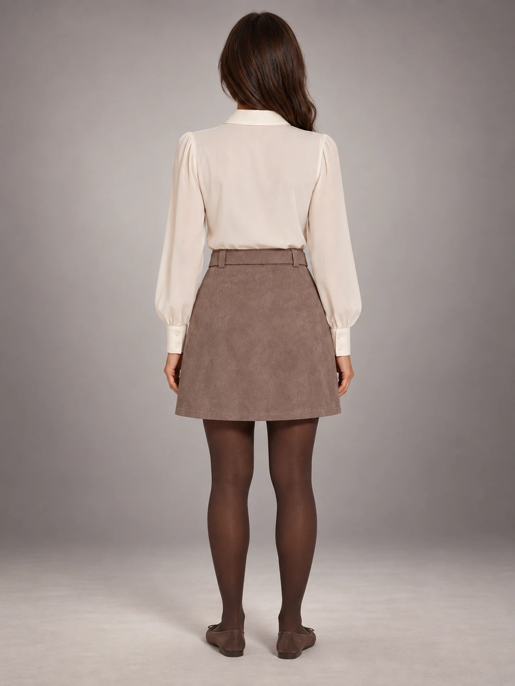 Women's Retro Suede Mini Skirt – Petite A-Line in Taupe — back view