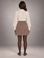 Women's Retro Suede Mini Skirt – Petite A-Line in Taupe — back view
