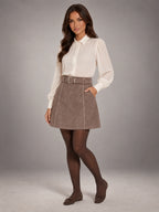 Women's Retro Suede Mini Skirt – Petite A-Line in Taupe — alternate view