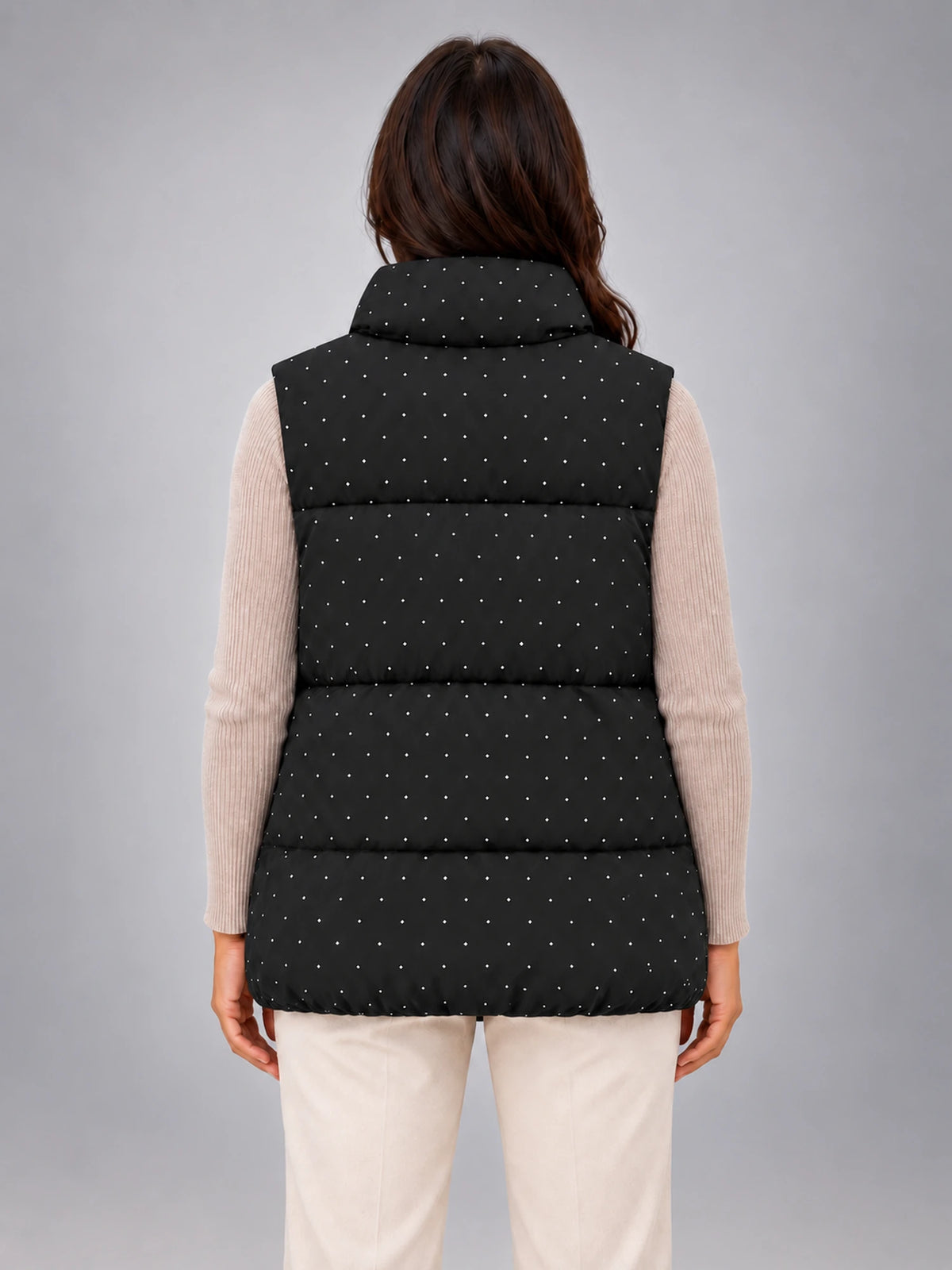 Women's Rhinestone Padded Gilet – Stand Collar in Black — back view