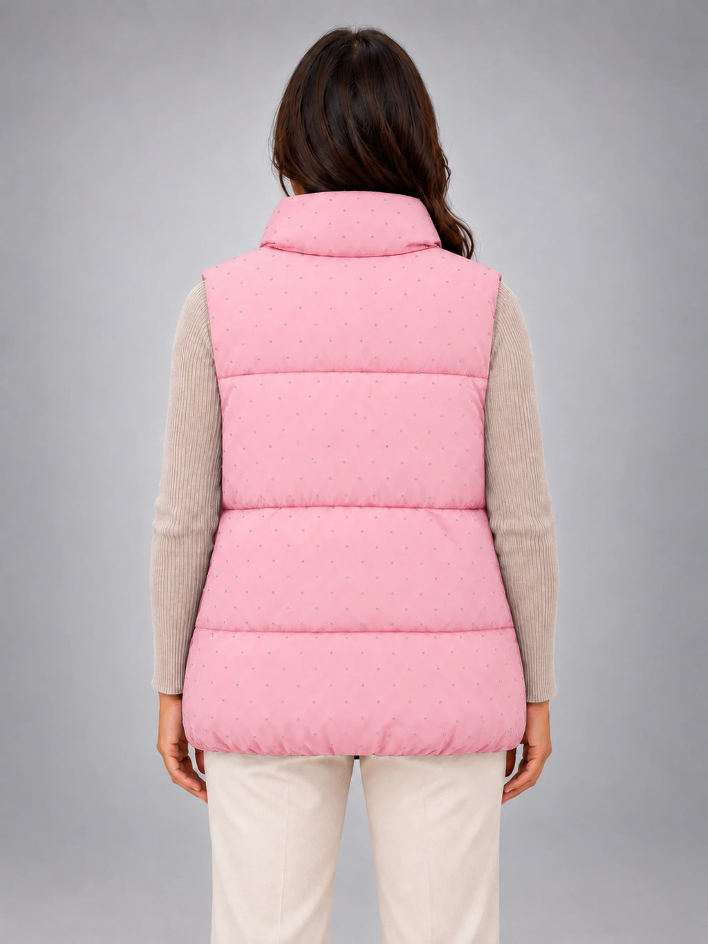 Women's Rhinestone Padded Gilet – Stand Collar in Blush Pink — back view