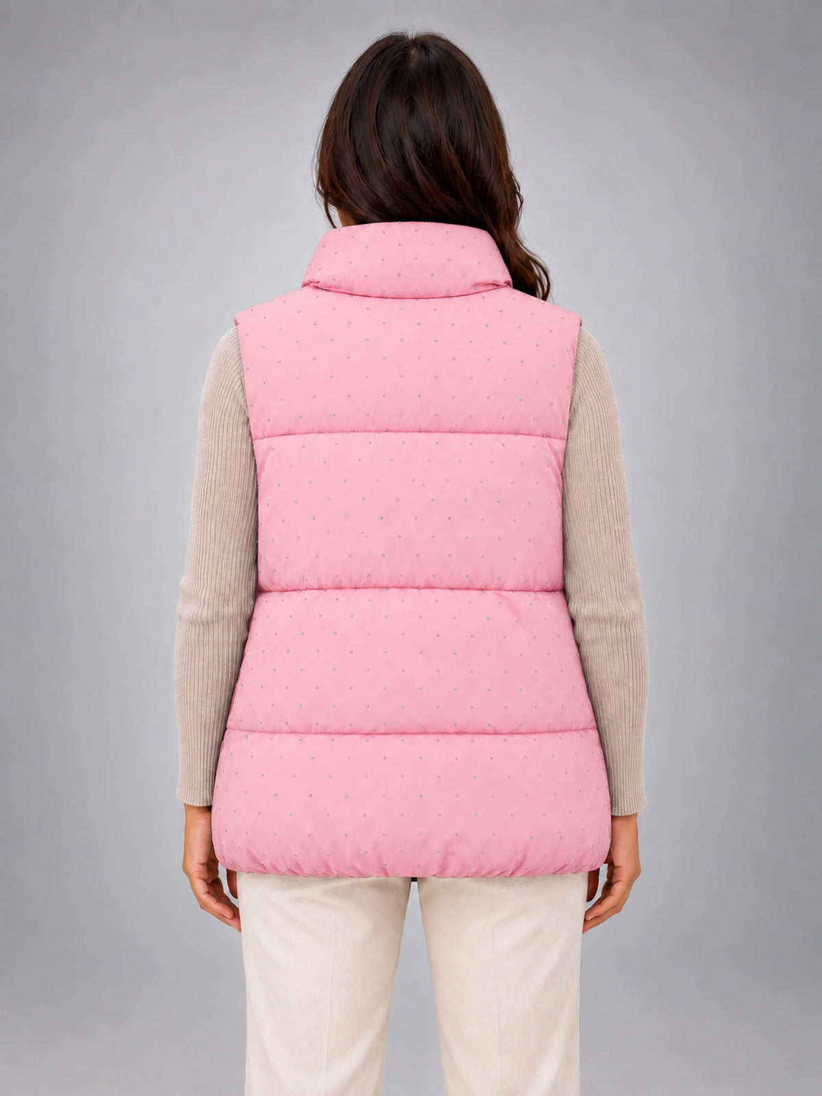 Women's Rhinestone Padded Gilet – Stand Collar in Blush Pink — back view