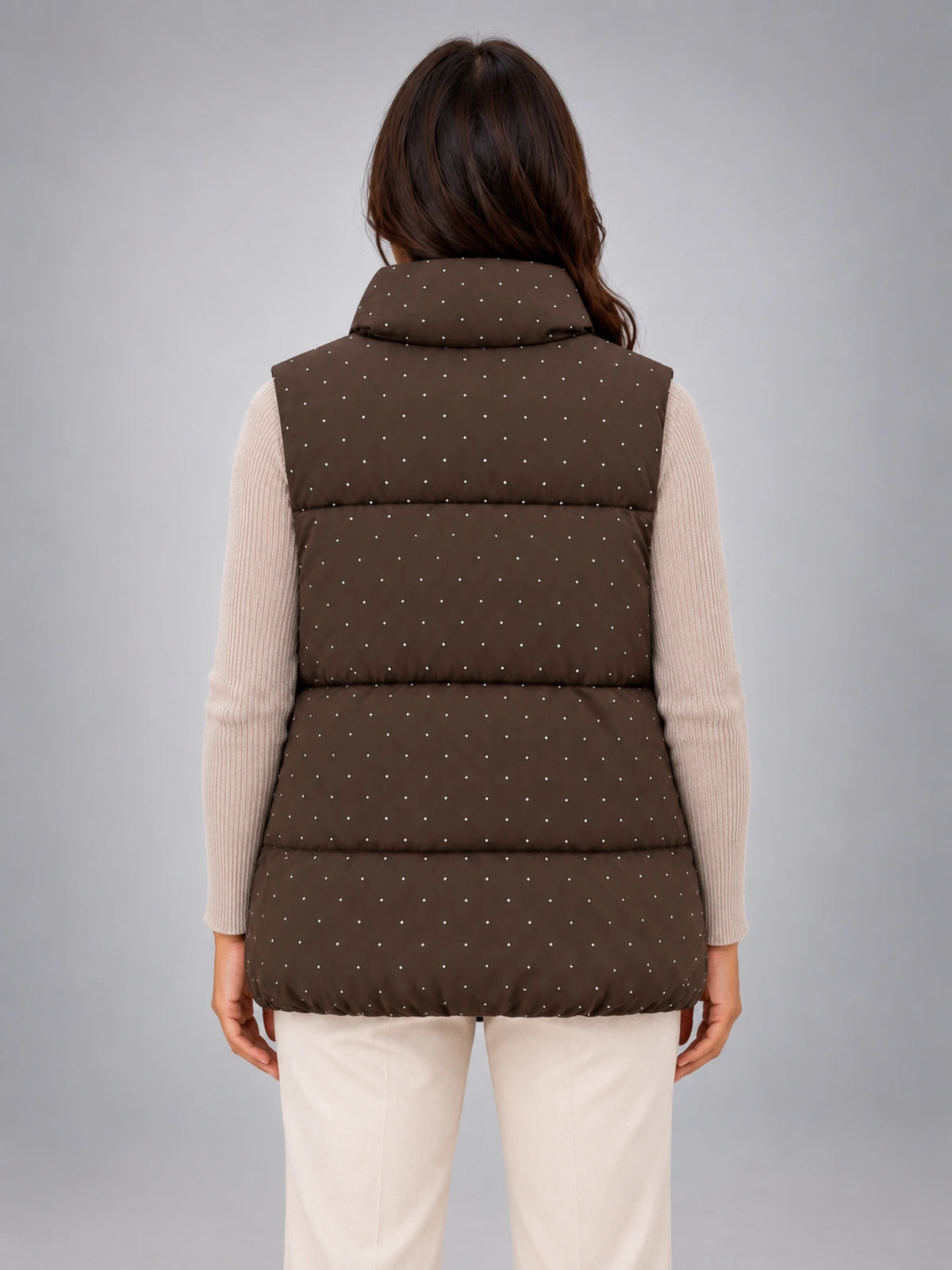 Women's Rhinestone Padded Gilet – Stand Collar in Coffee — back view