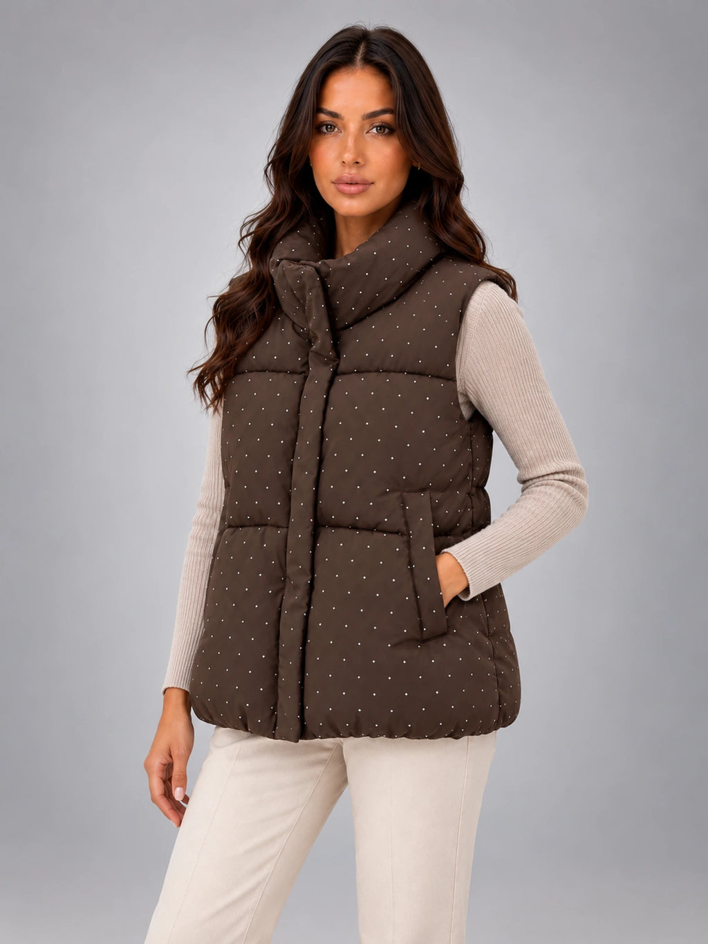 Women's Rhinestone Padded Gilet – Stand Collar in Coffee — alternate view