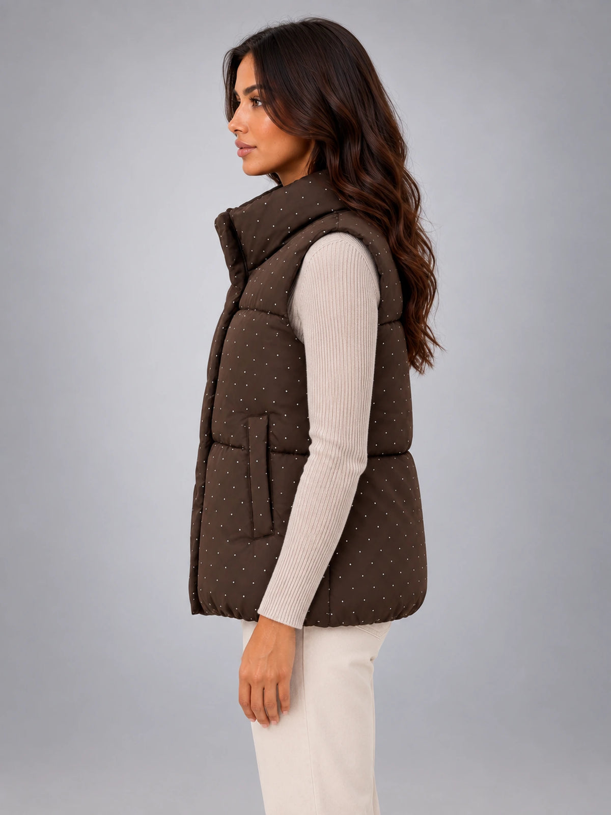 Women's Rhinestone Padded Gilet – Stand Collar in Coffee — side view