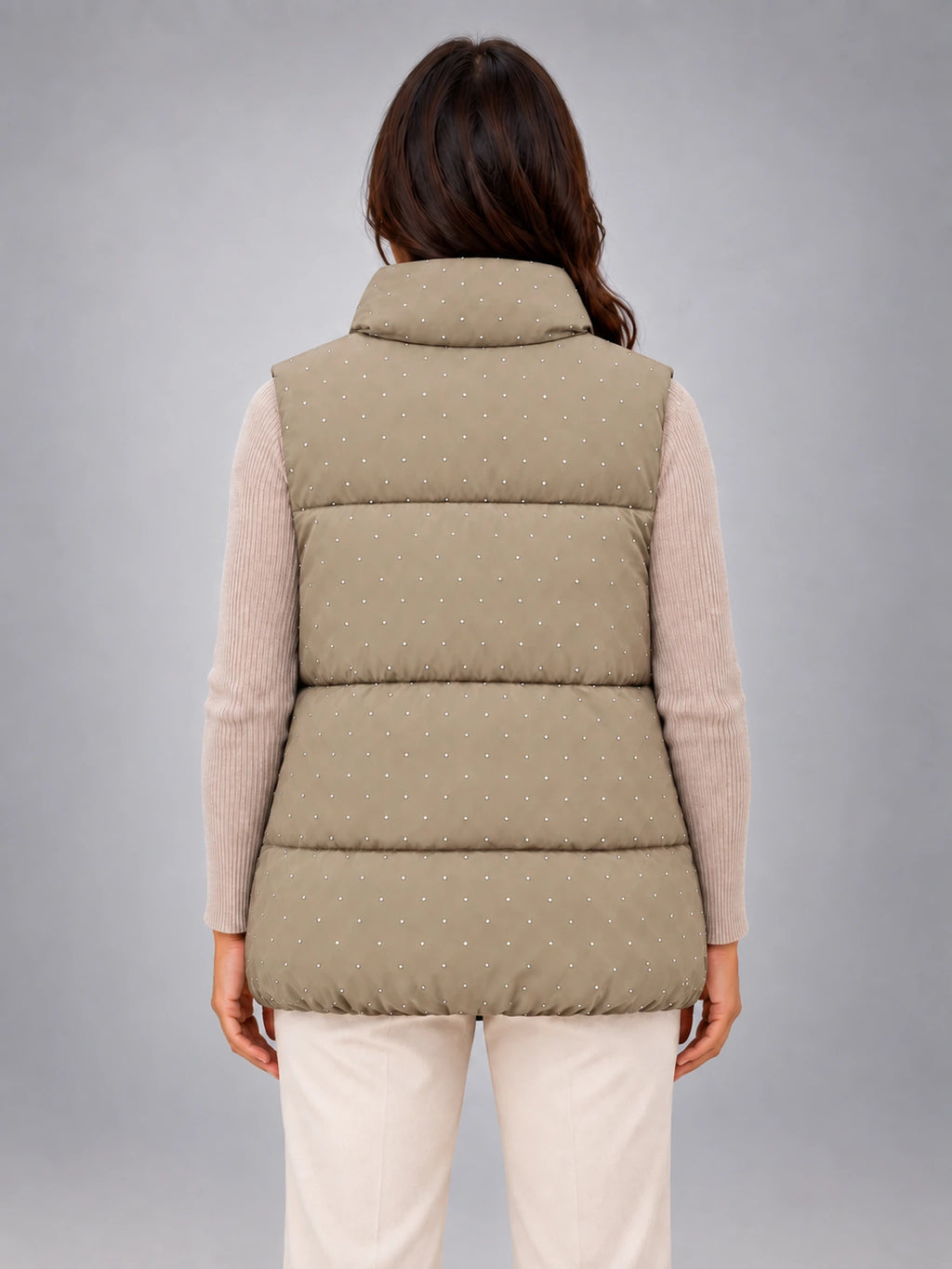 Women's Rhinestone Padded Gilet – Stand Collar in Khaki — back view