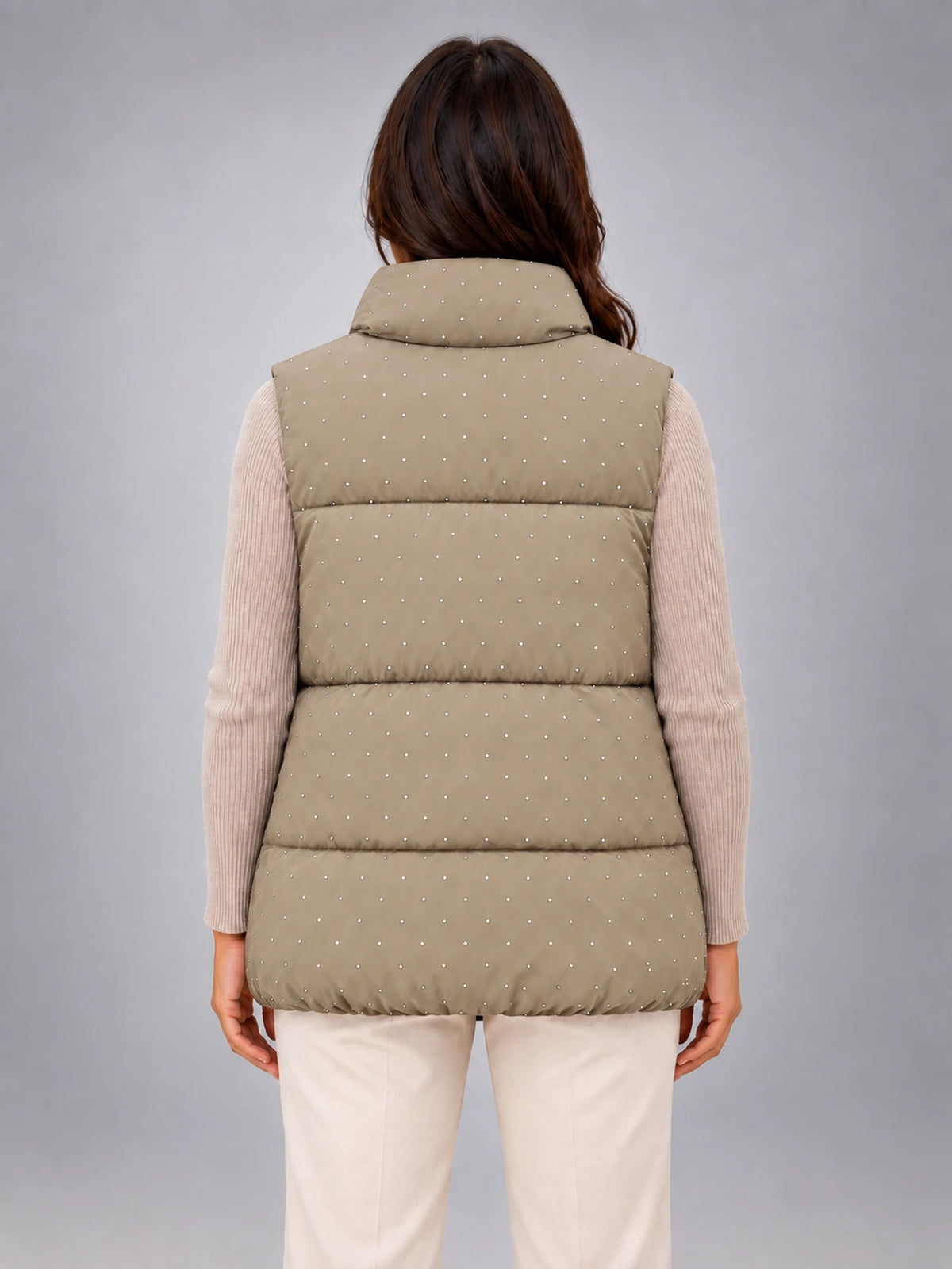 Women's Rhinestone Padded Gilet – Stand Collar in Khaki — back view