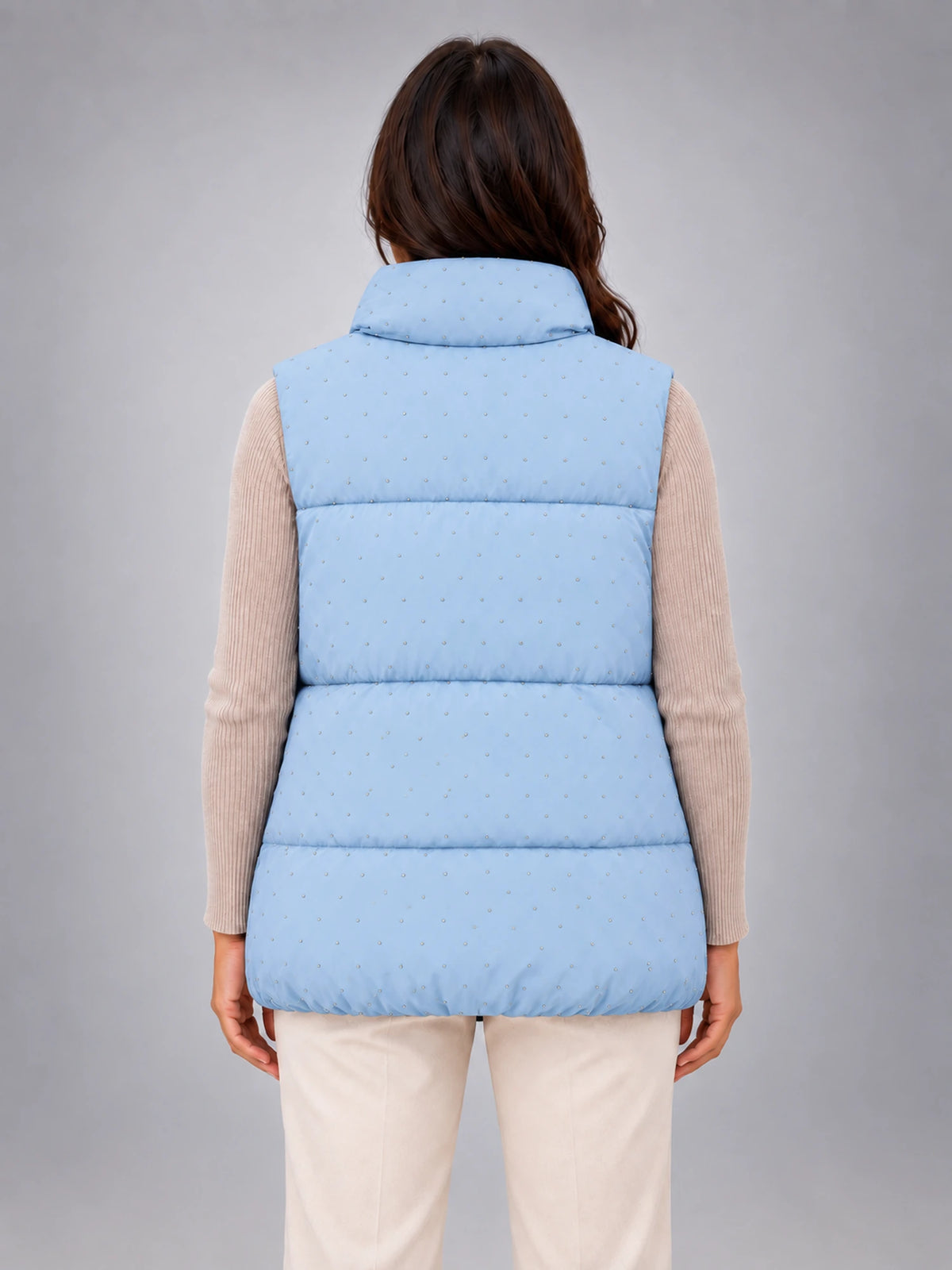 Women's Rhinestone Padded Gilet – Stand Collar in Light Blue — back view