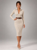 Women's Ribbed Jumper Dress – Cut-Out Detail Slim Fit in Oatmeal — alternate view