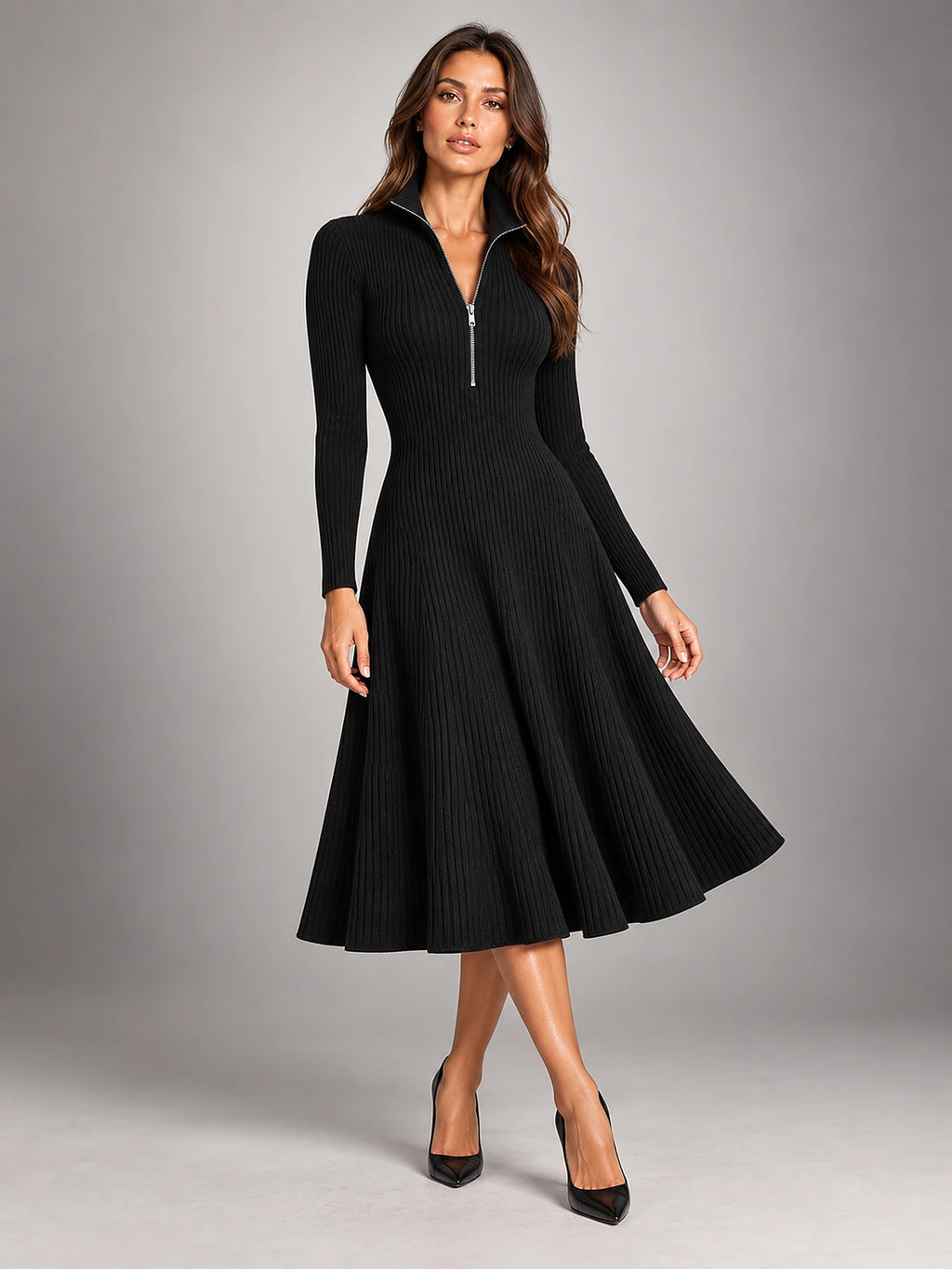 Women's Ribbed Knit Dress – Half-Zip Stand Collar in Black — alternate view