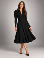Women's Ribbed Knit Dress – Half-Zip Stand Collar in Black — alternate view