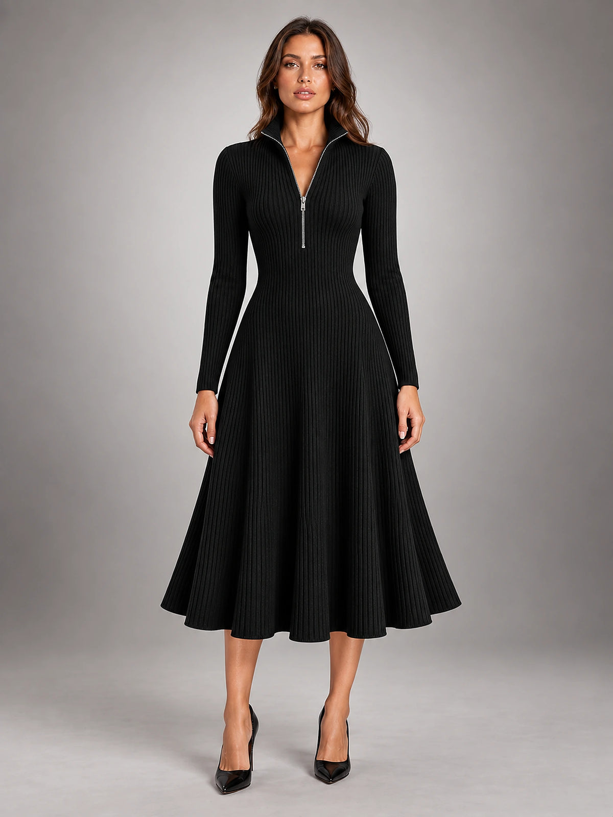 Women's Ribbed Knit Dress – Half-Zip Stand Collar in Black — front view