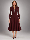 Women's Ribbed Knit Dress – Half-Zip Stand Collar in Claret — front view