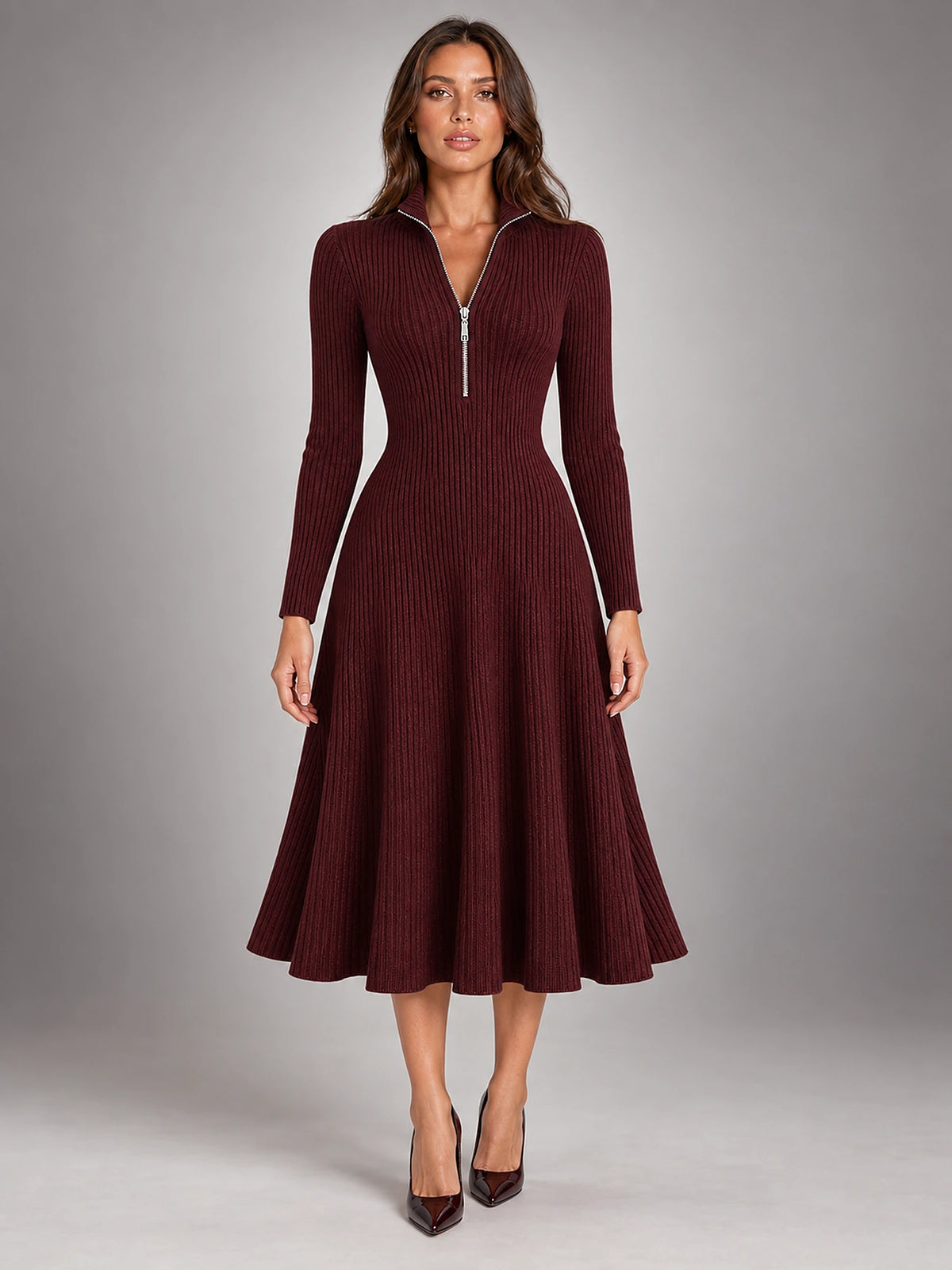 Women's Ribbed Knit Dress – Half-Zip Stand Collar in Claret — front view
