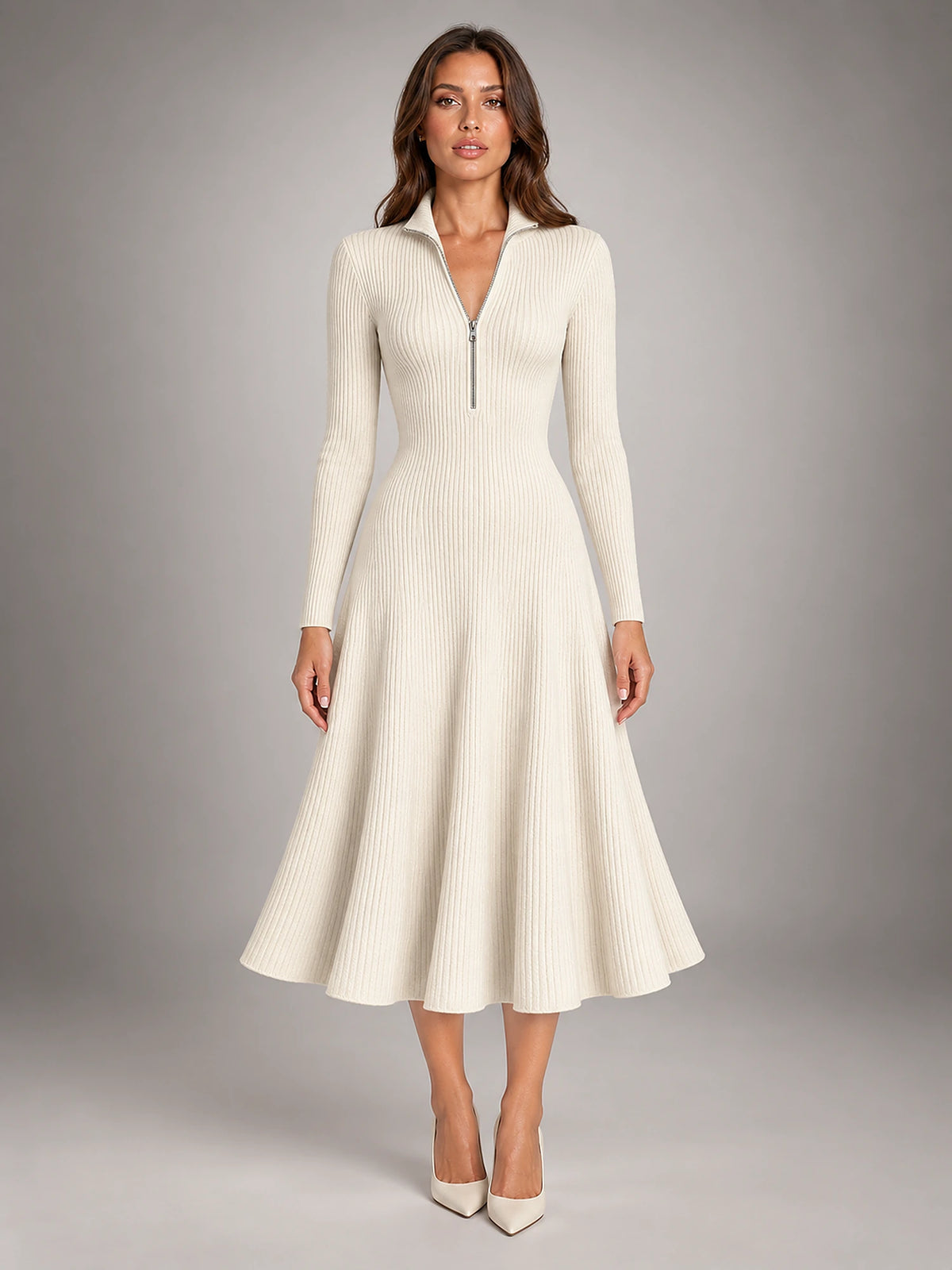 Women's Ribbed Knit Dress – Half-Zip Stand Collar in White — front view