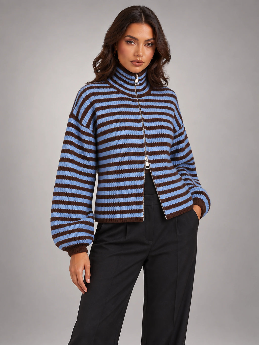Women's Ribbed Zip-Up Cardigan – Roll Neck in Navy/Blue Stripe — alternate view