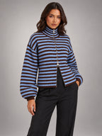 Women's Ribbed Zip-Up Cardigan – Roll Neck in Navy/Blue Stripe — alternate view