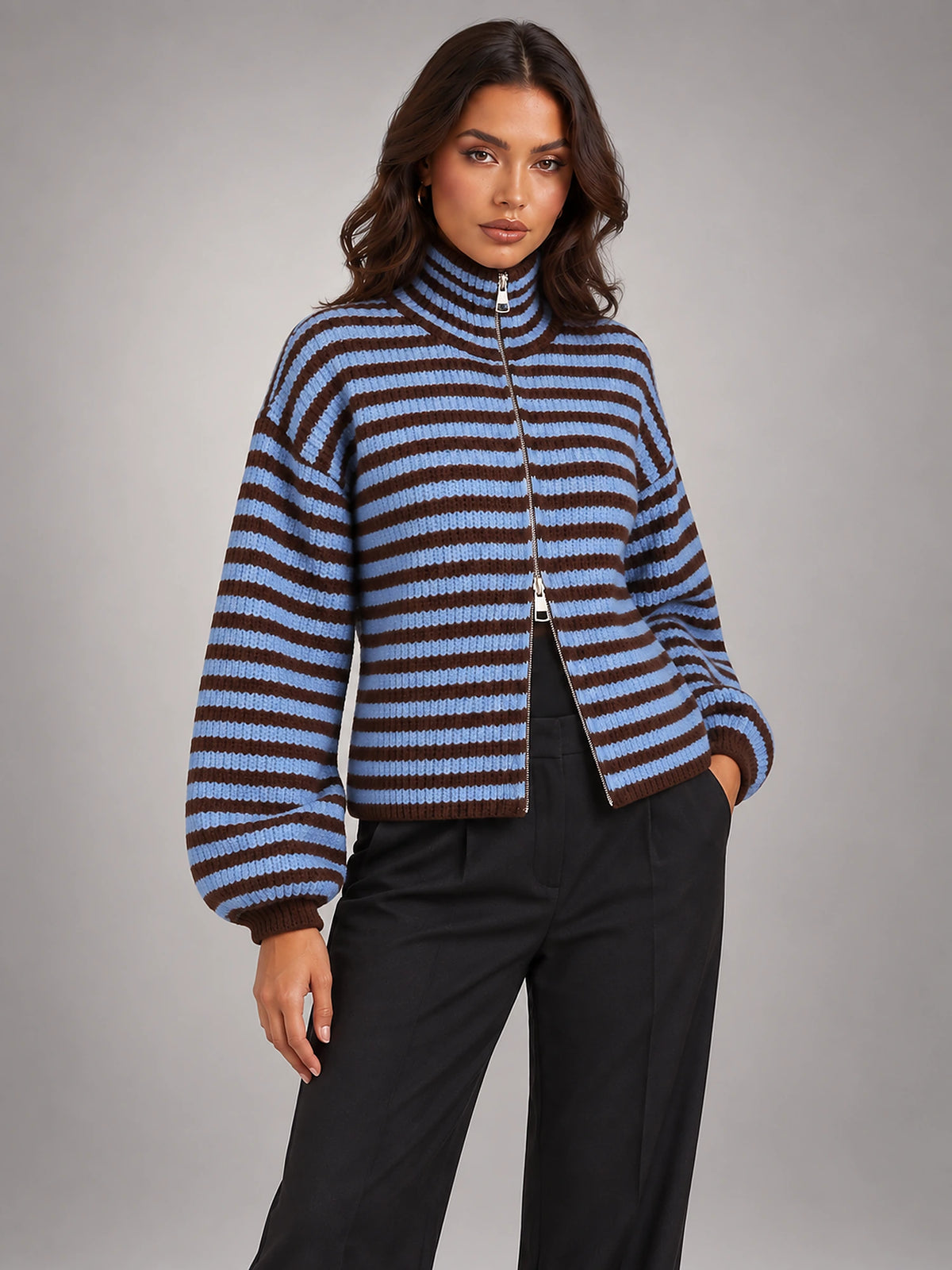 Women's Ribbed Zip-Up Cardigan – Roll Neck in Navy/Blue Stripe — alternate view