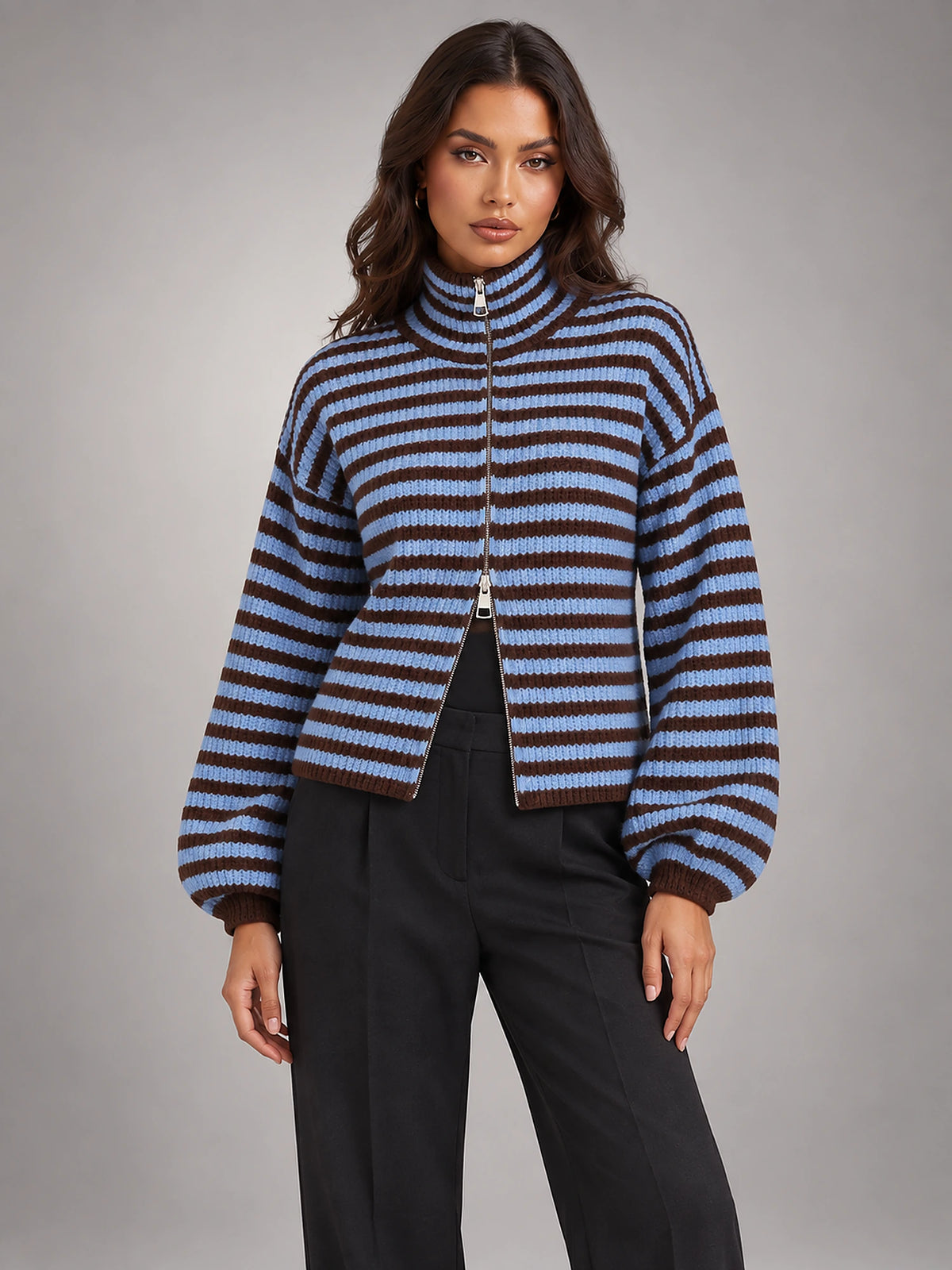 Women's Ribbed Zip-Up Cardigan – Roll Neck in Navy/Blue Stripe — front view