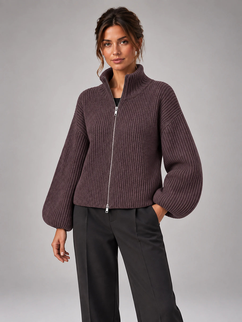 Women's Ribbed Zip-Up Cardigan – Roll Neck in Brown — alternate view