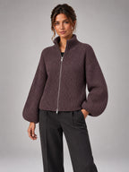 Women's Ribbed Zip-Up Cardigan – Roll Neck in Brown — alternate view