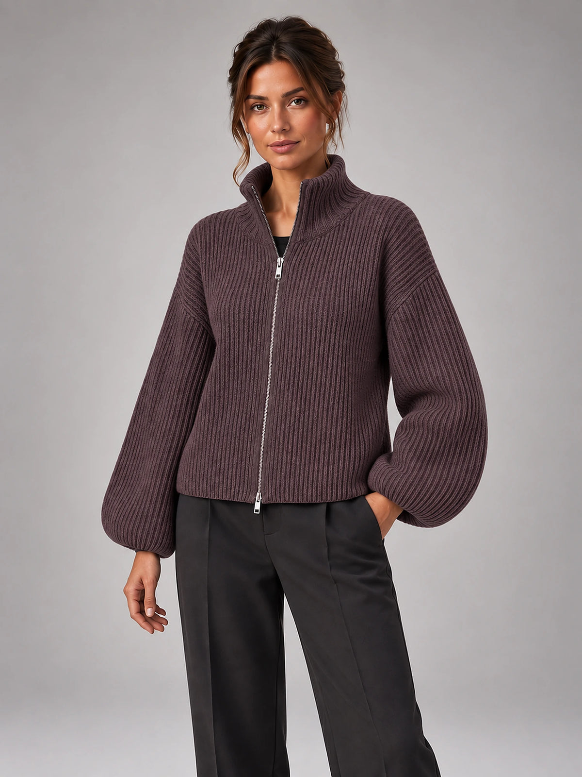Women's Ribbed Zip-Up Cardigan – Roll Neck in Brown — alternate view