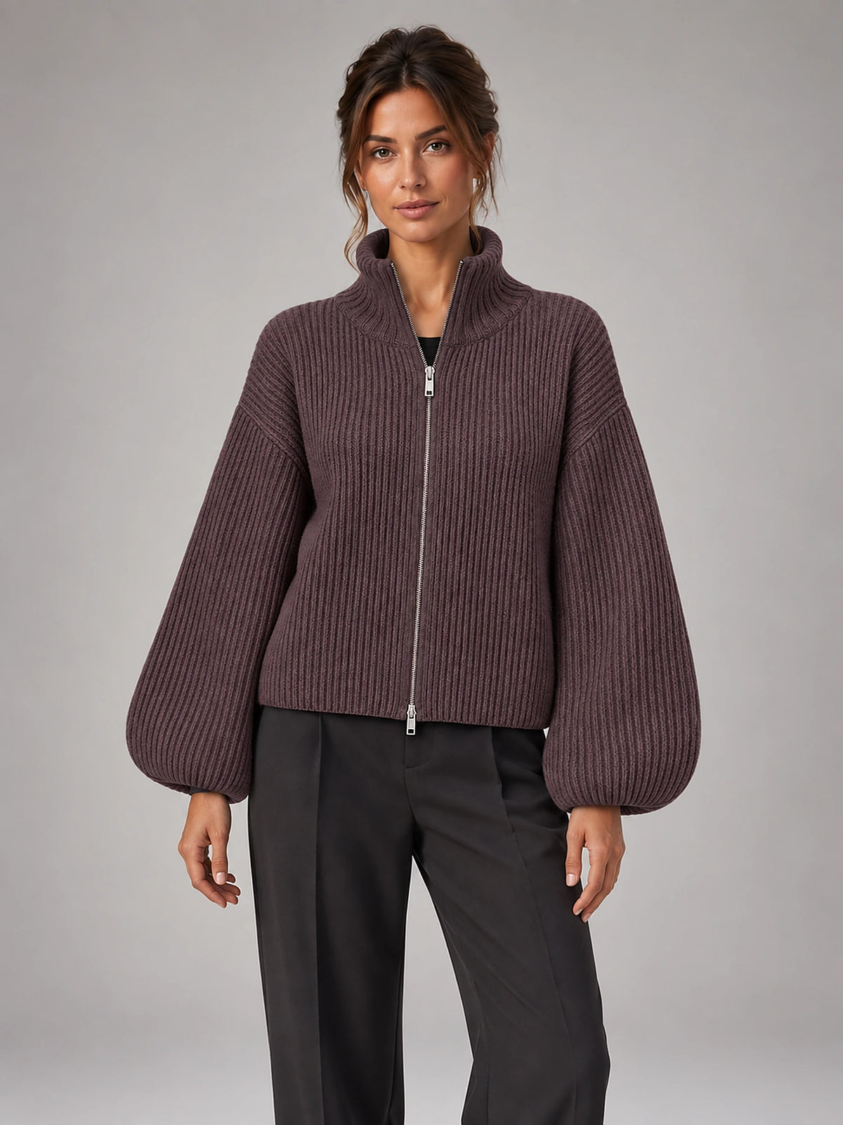 Women's Ribbed Zip-Up Cardigan – Roll Neck in Brown — front view