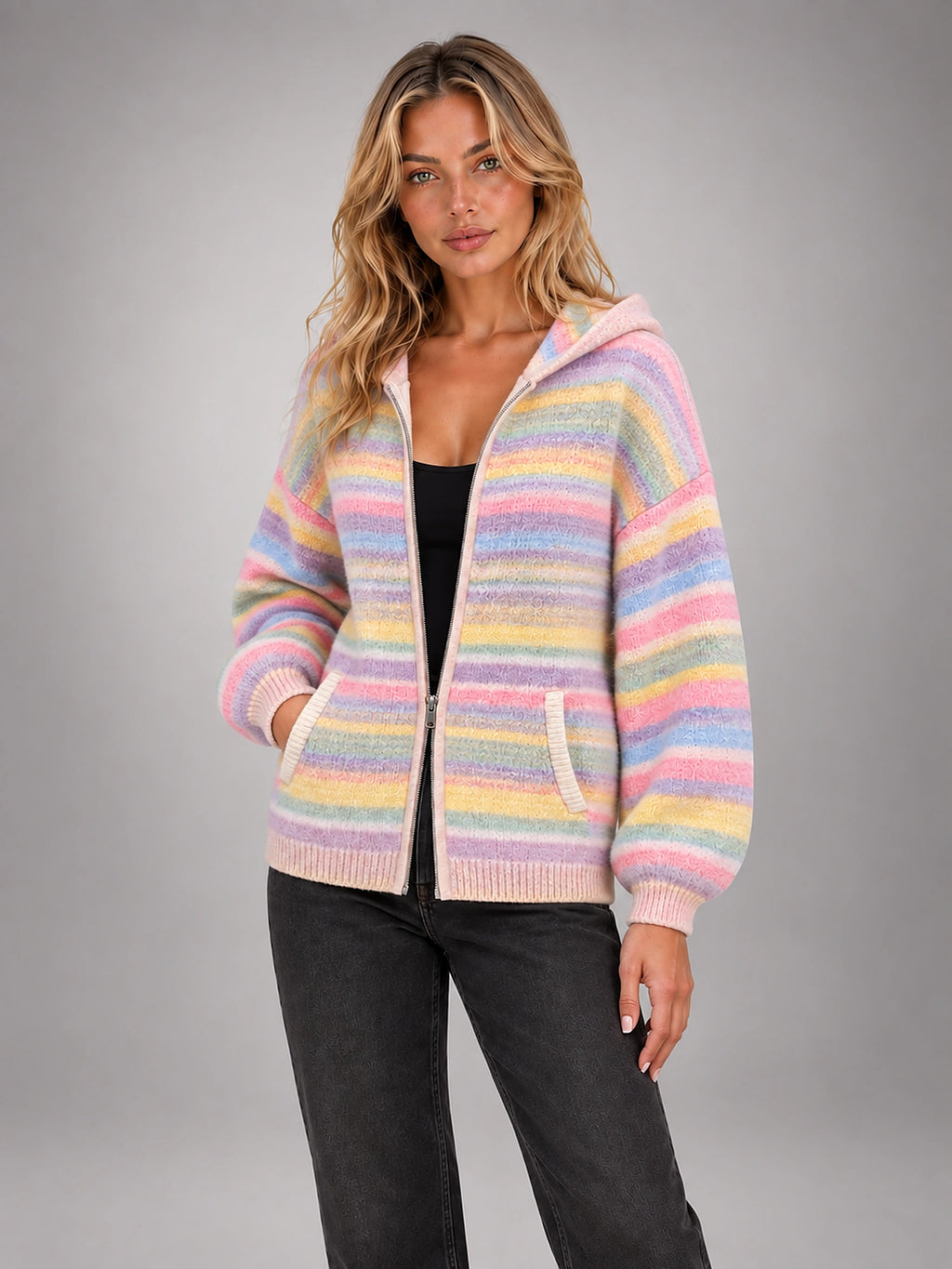 Women's Ribbed Zip-Up Cardigan – Roll Neck in Pastel Stripe Hooded — alternate view
