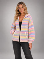 Women's Ribbed Zip-Up Cardigan – Roll Neck in Pastel Stripe Hooded — alternate view
