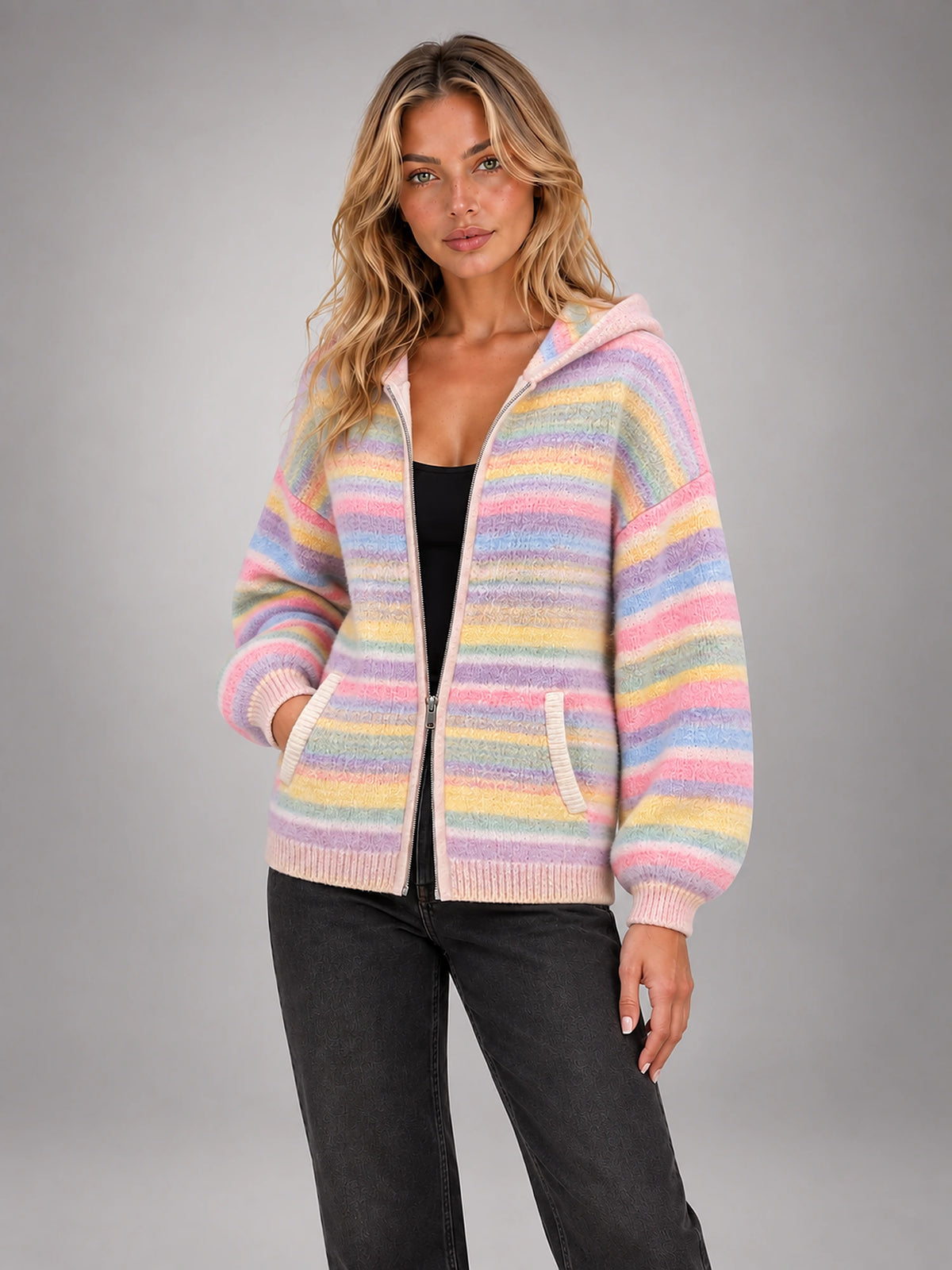 Women's Ribbed Zip-Up Cardigan – Roll Neck in Pastel Stripe Hooded — alternate view