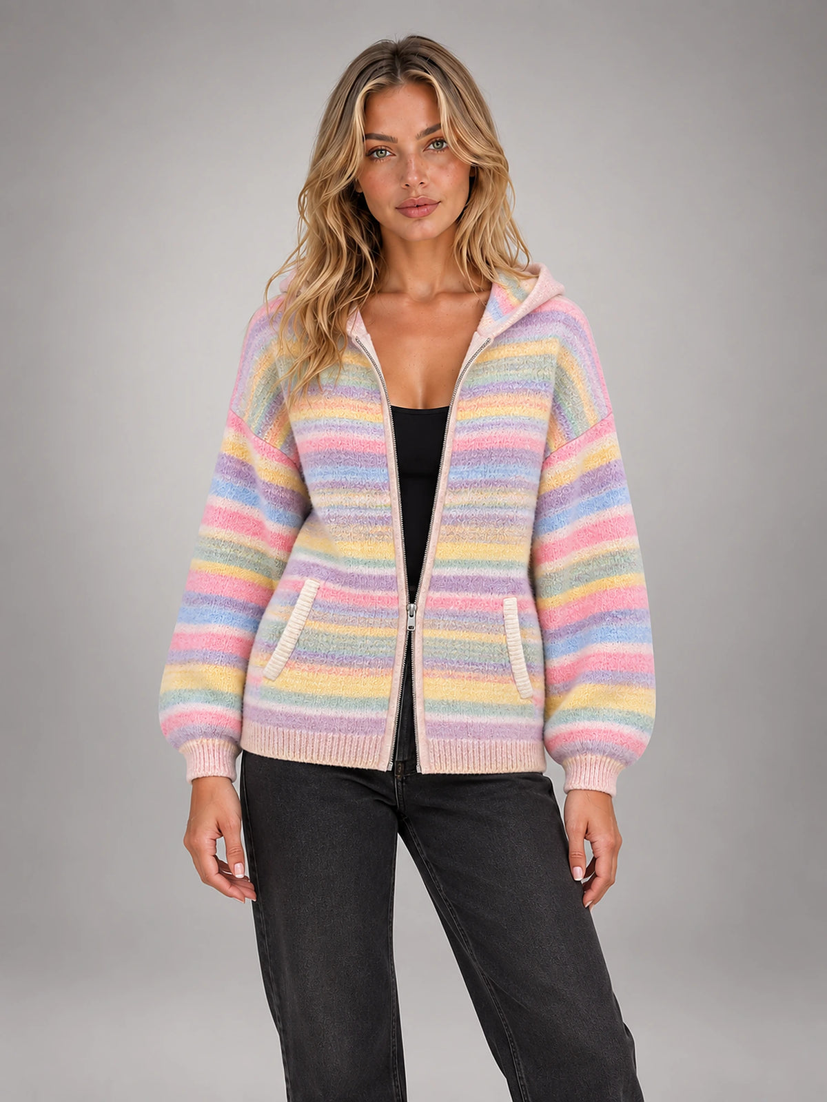 Women's Ribbed Zip-Up Cardigan – Roll Neck in Pastel Stripe Hooded — front view