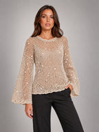 Women's Sequin Open-Knit Jumper – Balloon Sleeve in Champagne — alternate view