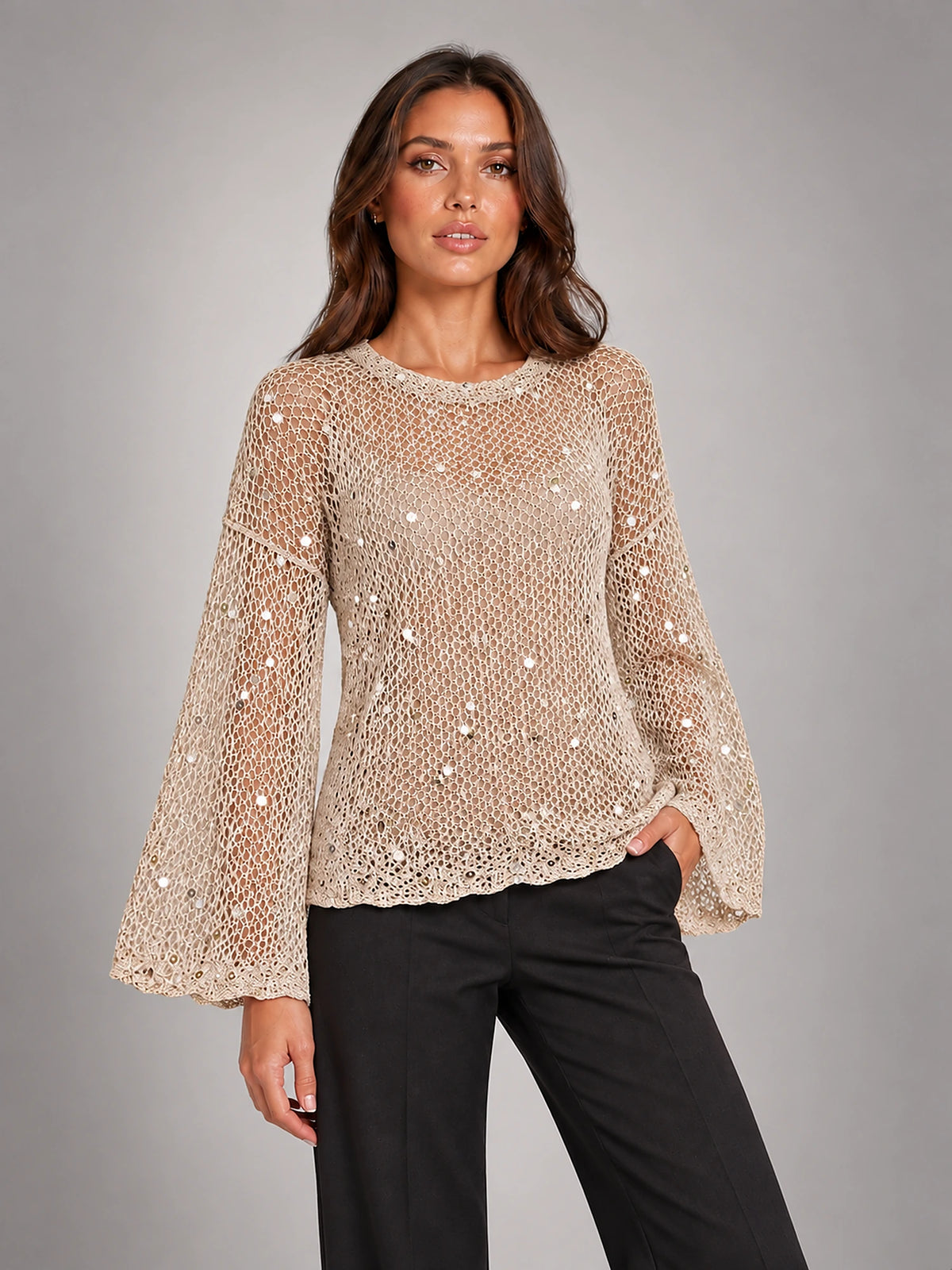 Women's Sequin Open-Knit Jumper – Balloon Sleeve in Champagne — alternate view