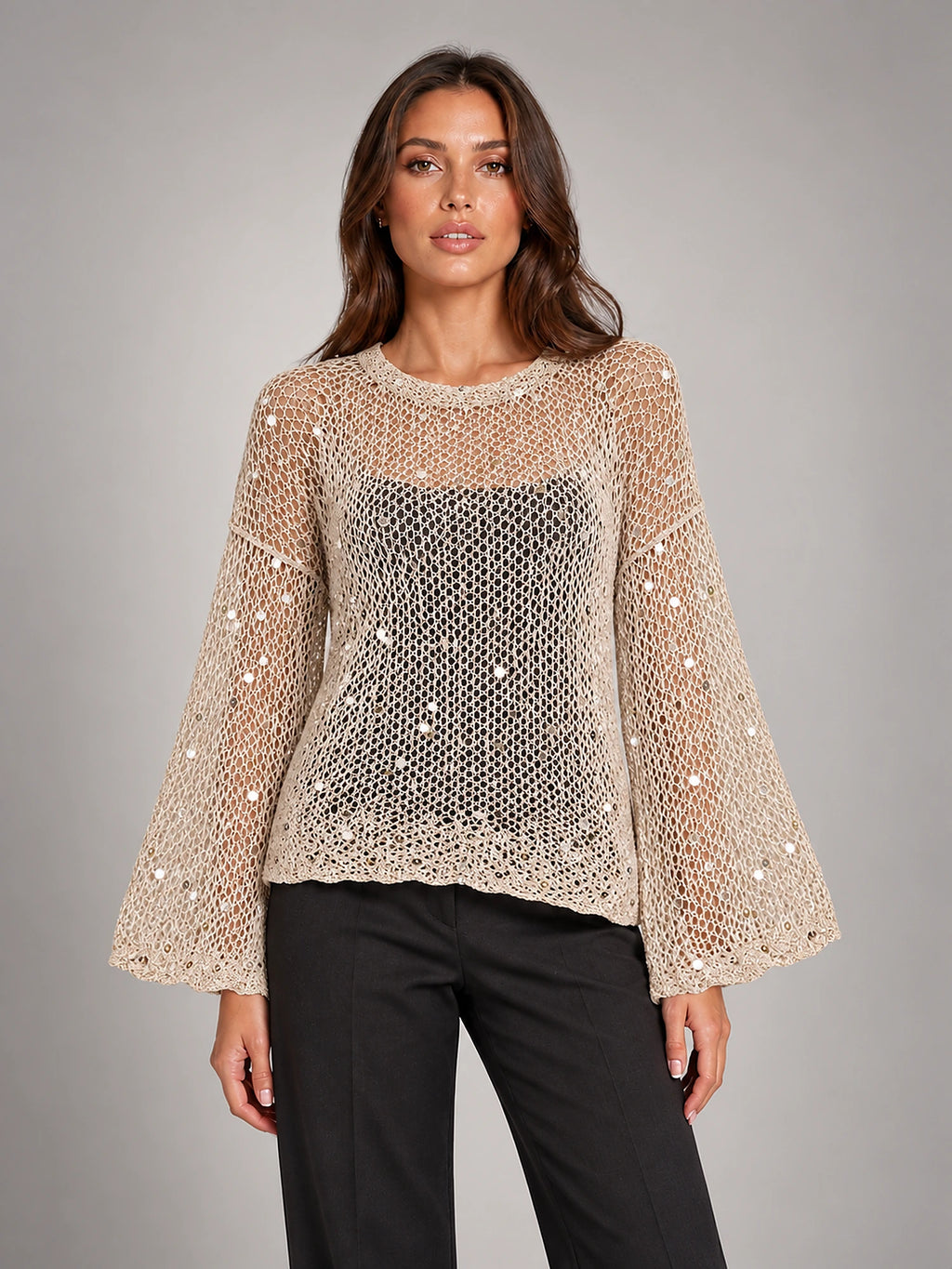 Women's Sequin Open-Knit Jumper – Balloon Sleeve in Champagne — front view