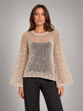 Women's Sequin Open-Knit Jumper – Balloon Sleeve in Champagne — front view