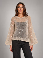 Women's Sequin Open-Knit Jumper – Balloon Sleeve in Champagne — front view